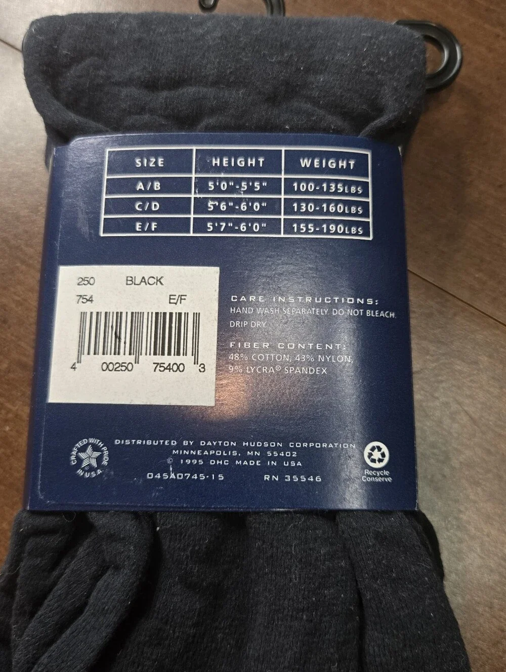 Vintage New Honors Black Cotton Footed Tights Size E/F Made in USA